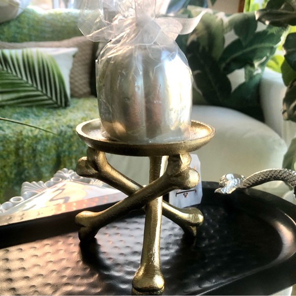 New! Gold Halloween Skeleton Bones Candle Holder + Moss Pumpkin - Picture 5 of 7